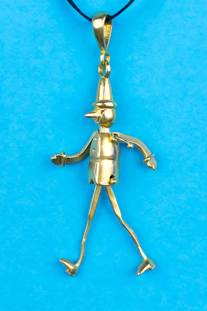 pinocchio, talisman, good luck, charm, pendant, solid brass, gold plated, adrimar, firenze, florence, made in italy, italia, italy, tuscany, toscana