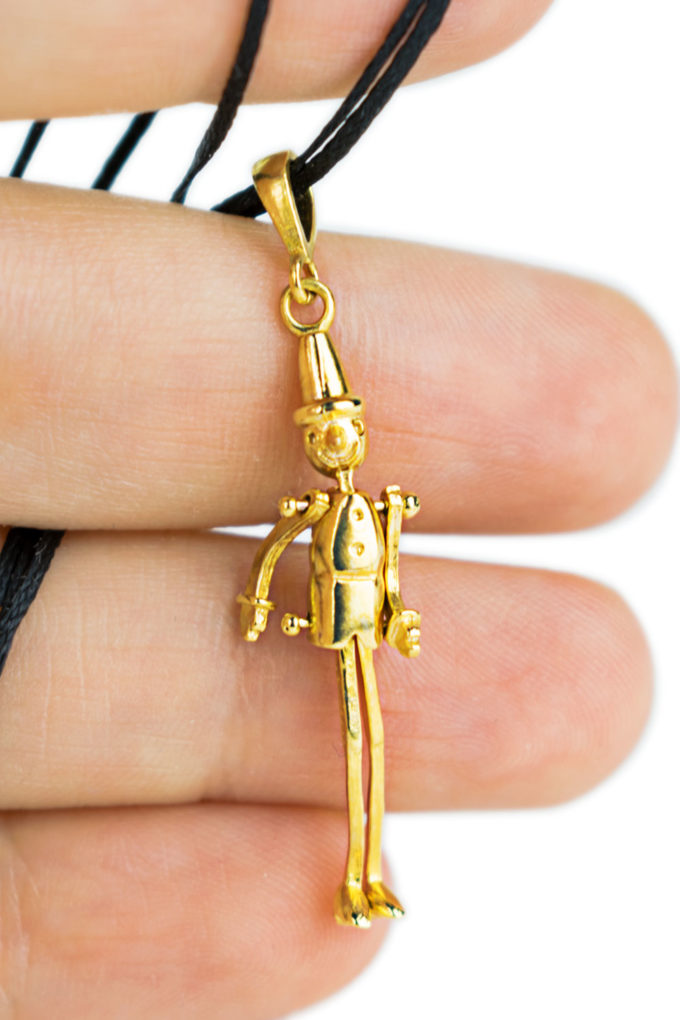 pinocchio, talisman, good luck, charm, pendant, solid brass, gold plated, adrimar, firenze, florence, made in italy, italia, italy, tuscany, toscana